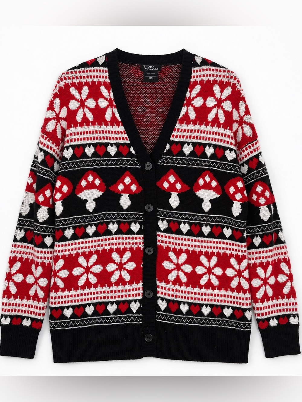 Hot Topic Thorn & Fable Mushroom Hearts Fair Isle Cardigan XS